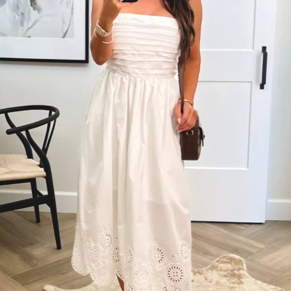 Strapless White Eyelet Midi - Emerson Poplin Dress
